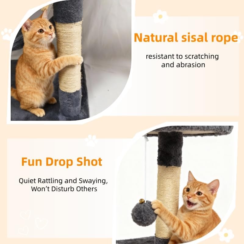 61in Cat Tree Tower for Indoor Cats with Cozy Basket & Hammock
