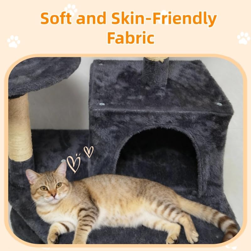 61in Cat Tree Tower for Indoor Cats with Cozy Basket & Hammock