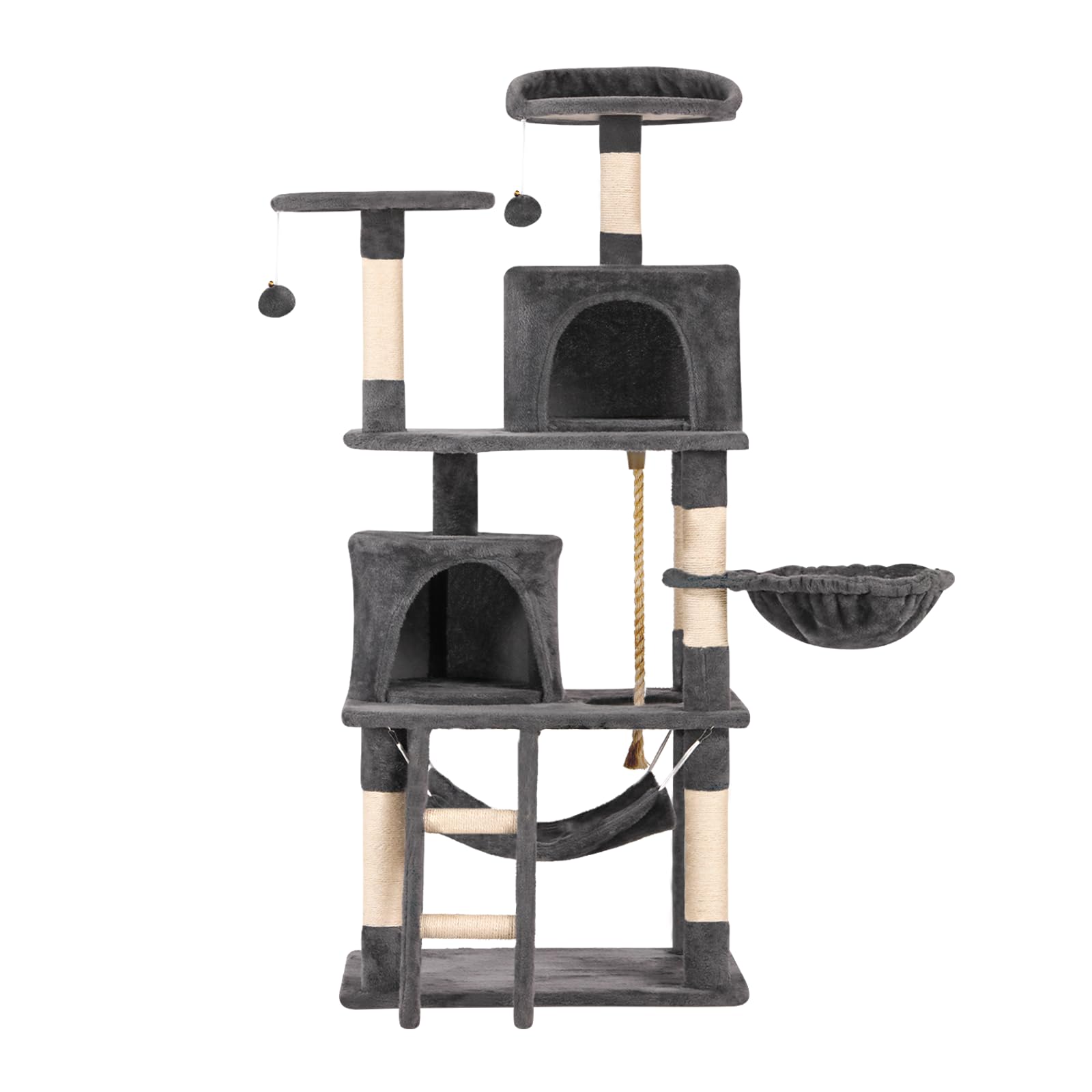 61in Cat Tree Tower for Indoor Cats with Cozy Basket & Hammock