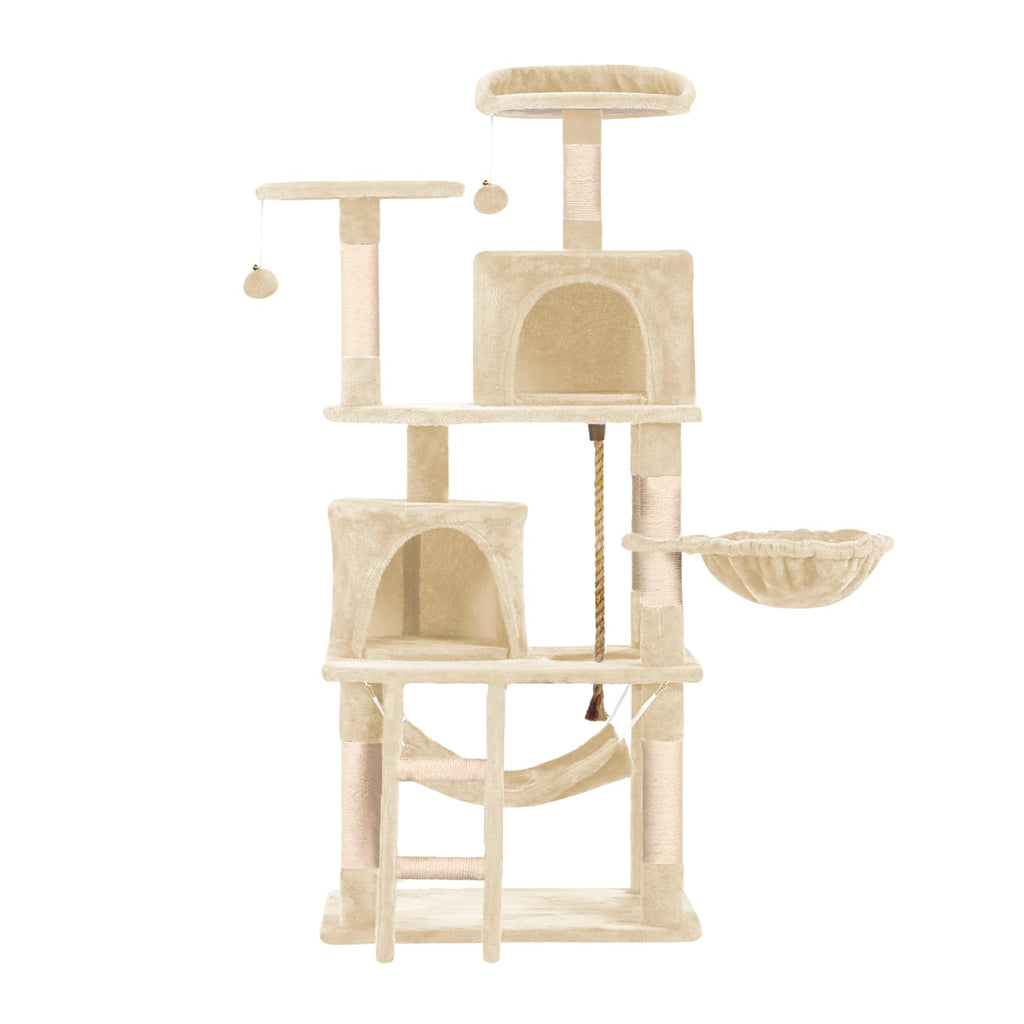 61in Cat Tree Tower for Indoor Cats with Cozy Basket & Hammock