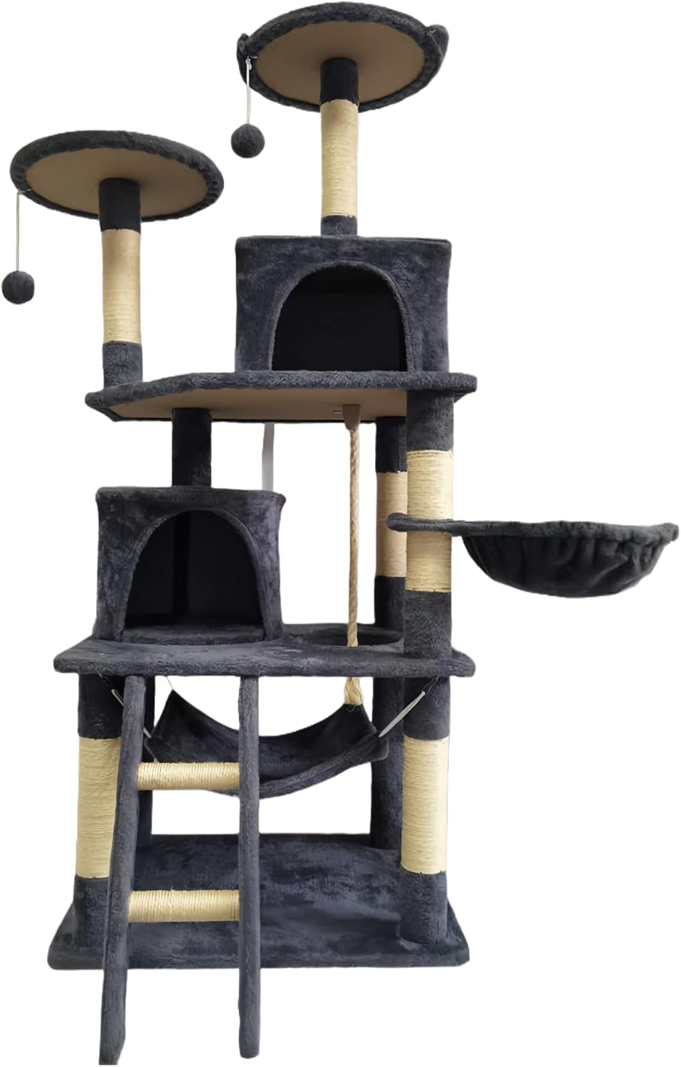 61in Cat Tree Tower for Indoor Cats with Cozy Basket & Hammock