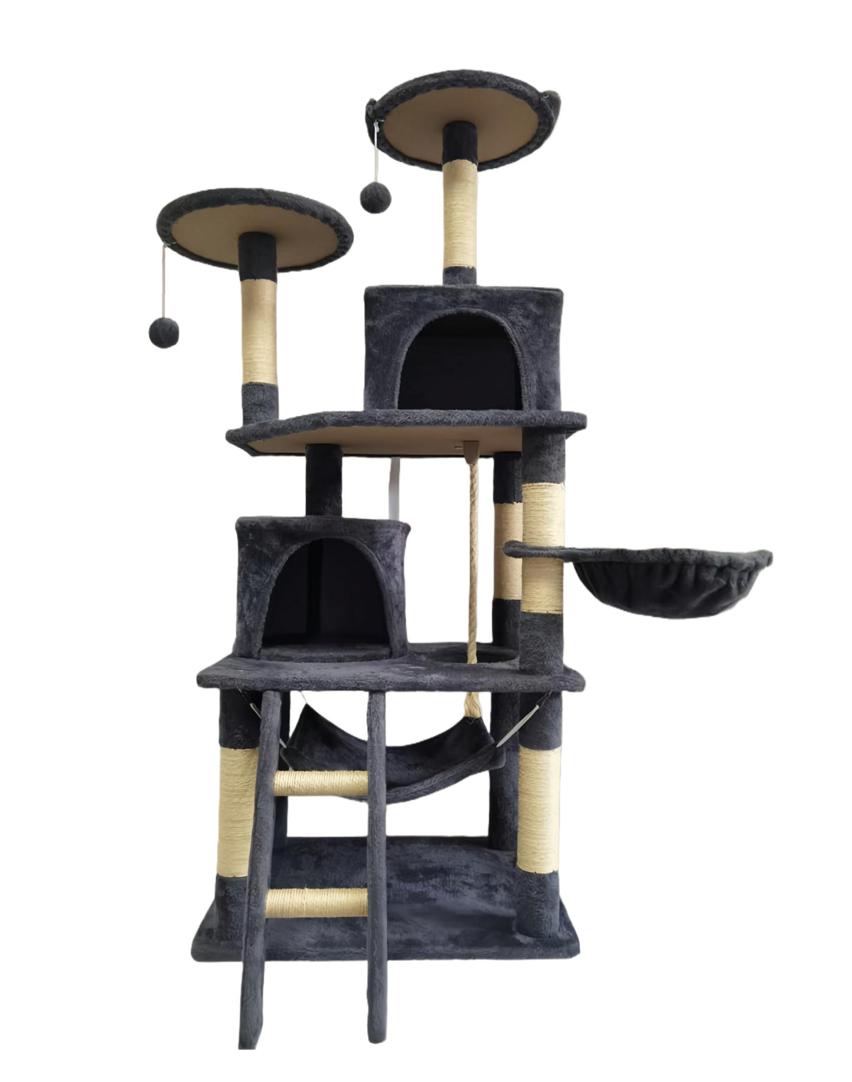 61in Cat Tree Tower for Indoor Cats with Cozy Basket & Hammock