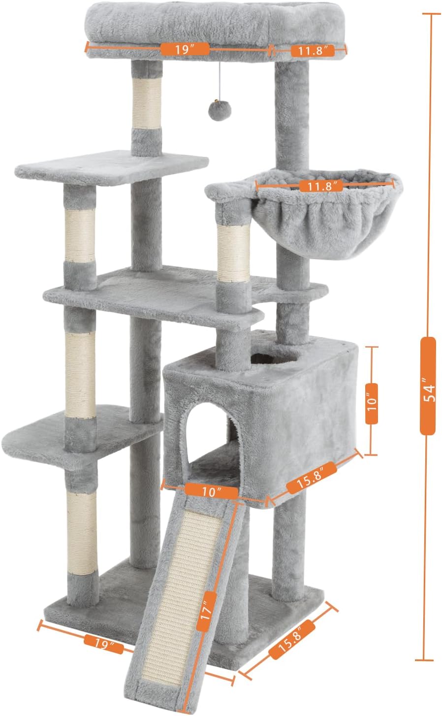 54 Inches Cat Tree, Tall Cat Tower with Hammock, Condo and Scratching Pad, Cat House with Plush Perch for Indoor Cats Adult