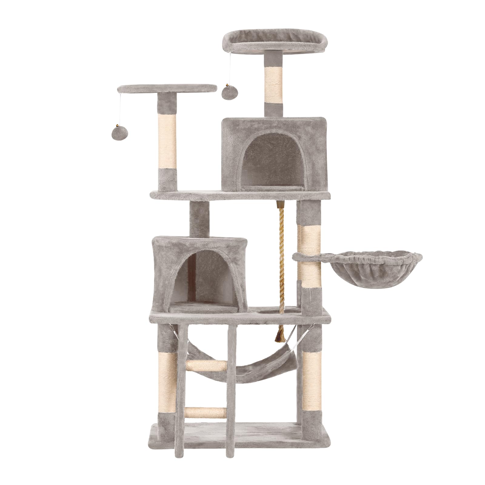 61in Cat Tree Tower for Indoor Cats with Cozy Basket & Hammock