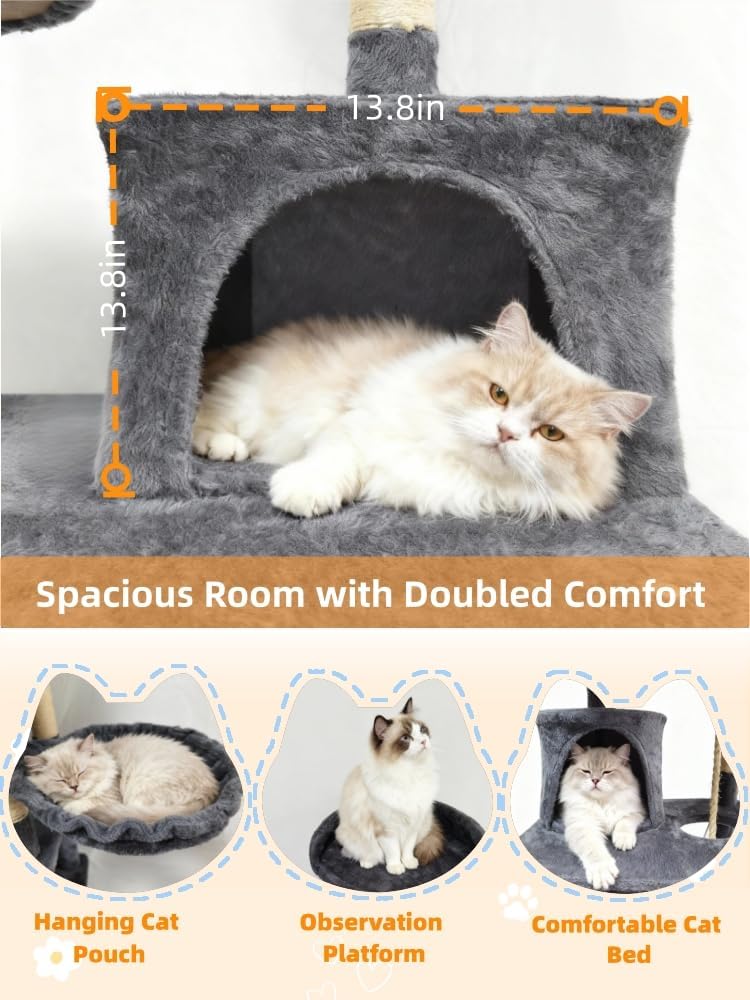 61in Cat Tree Tower for Indoor Cats with Cozy Basket & Hammock