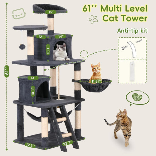 61in Cat Tree Tower for Indoor Cats with Cozy Basket & Hammock