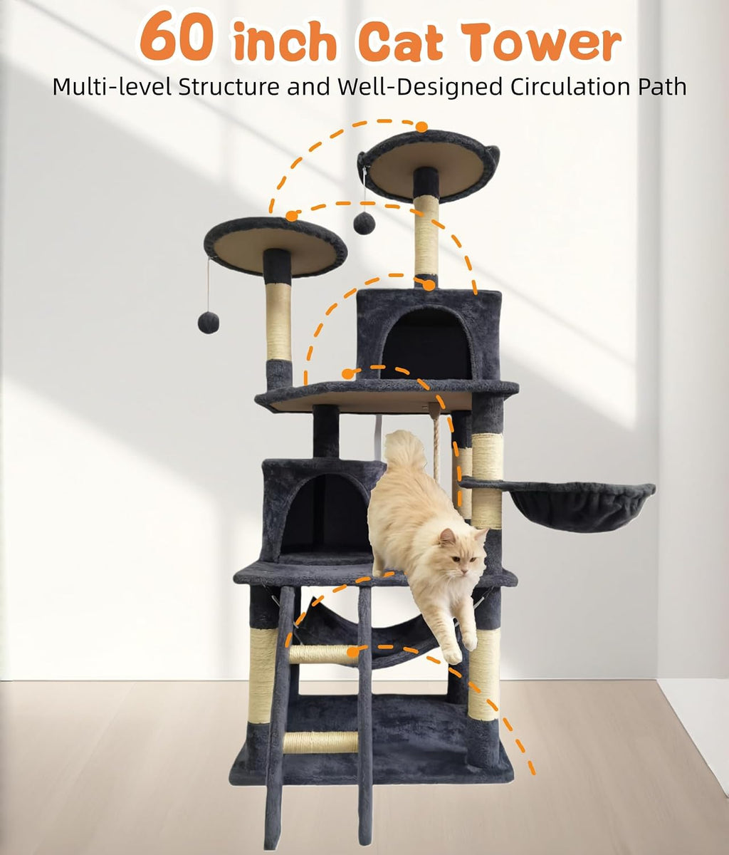 61in Cat Tree Tower for Indoor Cats with Cozy Basket & Hammock