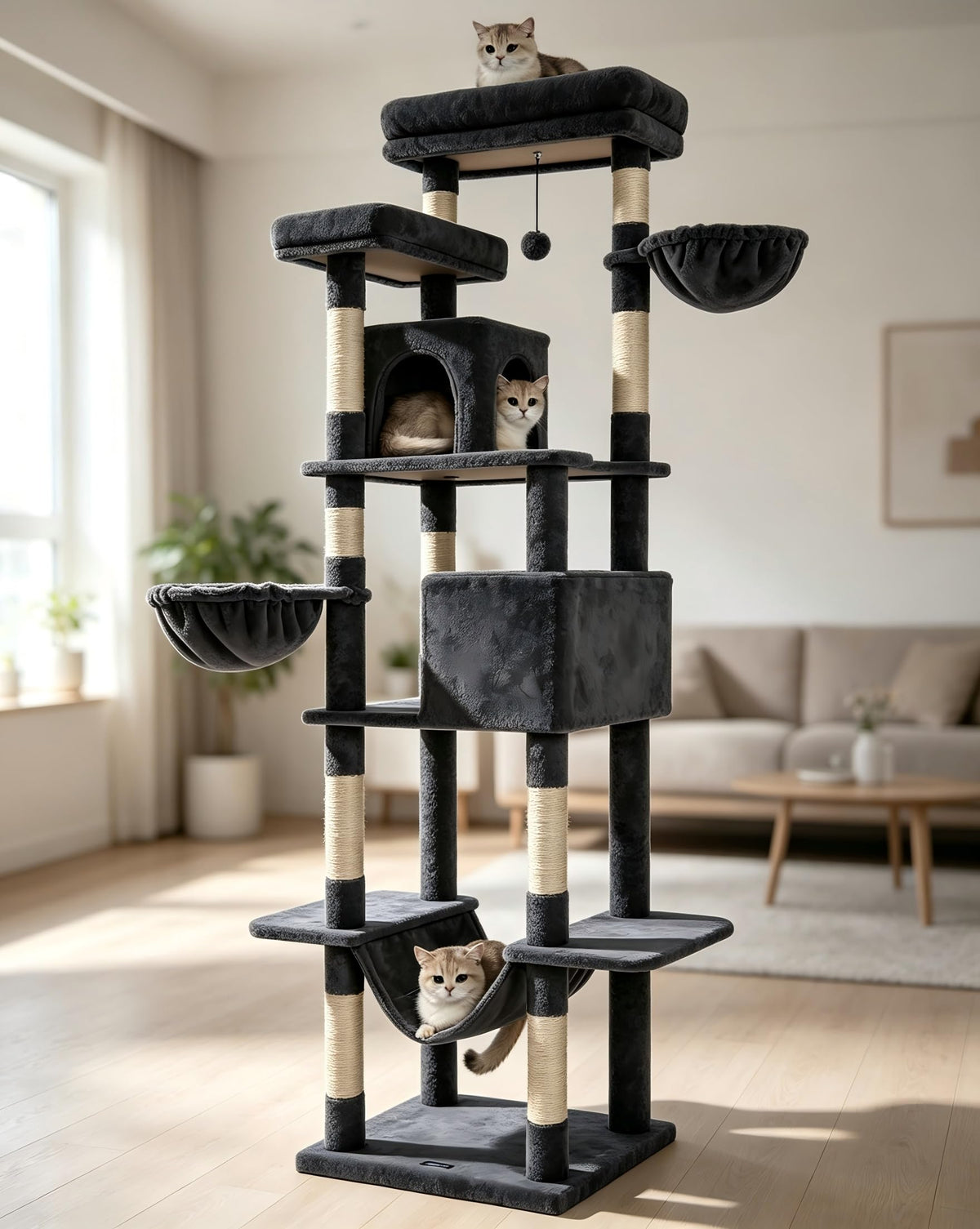 54 Inches Cat Tree, Tall Cat Tower with Hammock, Condo and Scratching Pad, Cat House with Plush Perch for Indoor Cats Adult